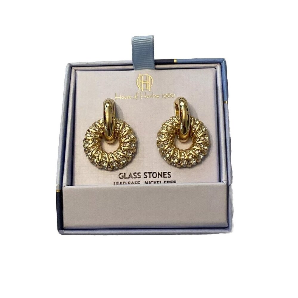 House of Harlow 1960 Door Knocker Gold Tone Earrings Glass Stone Nickel Free NIB